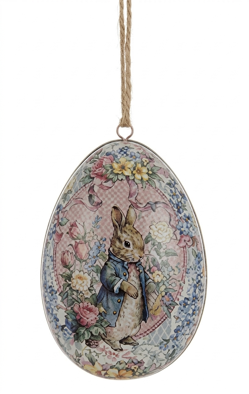 Uovo di Pasqua decorativo in metallo da appendere della linea "Joyeuses Paques" firmata Blanc Mariclo'. Il pendente è impreziosito da un'illustrazione vintage stile Beatrix Potter raffigurante un coniglietto con giacca azzurra inserito in un medaglione floreale rosa e completato da una cornice di fiorellini azzurri e gialli.