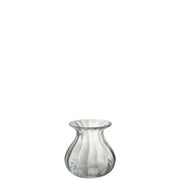 Un vaso in vetro trasparente, dalla forma panciuta e slanciata con imboccatura svasata, caratterizzato da una leggera lavorazione a coste verticali che ne movimenta la superficie. Le linee morbide e arrotondate donano all'oggetto un aspetto essenziale ed elegante. Un accessorio versatile perfetto per composizioni floreali, che unisce semplicità e gusto contemporaneo.