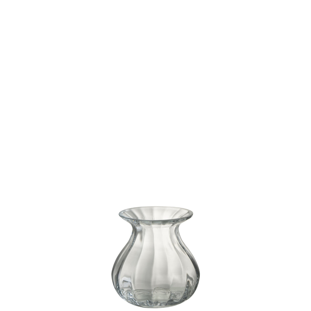Un vaso in vetro trasparente, dalla forma panciuta e slanciata con imboccatura svasata, caratterizzato da una leggera lavorazione a coste verticali che ne movimenta la superficie. Le linee morbide e arrotondate donano all'oggetto un aspetto essenziale ed elegante. Un accessorio versatile perfetto per composizioni floreali, che unisce semplicità e gusto contemporaneo.