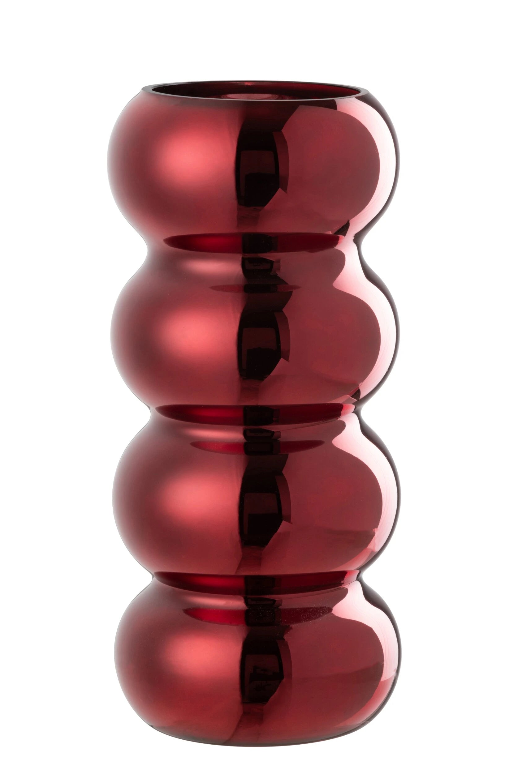 Vaso in vetro rosso scuro modello Bruco firmato Jolipa, caratterizzato da un design moderno e sinuoso a sezioni sferiche sovrapposte con finitura lucida e metallizzata. Questo originale vaso decorativo di design è perfetto come centrotavola o portafiori elegante per arredare con uno stile ricercato e contemporaneo gli interni della casa.