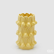 Vaso alto EDG Enzo De Gasperi linea Easter in ceramica giallo. Design a cilindro con teste di coniglio in rilievo. Altezza 25 cm, decorazione pasquale raffinata e moderna.