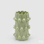 Vaso alto EDG Enzo De Gasperi linea Easter in ceramica verde salvia. Design a cilindro con teste di coniglio in rilievo. Altezza 25 cm, decorazione pasquale raffinata e moderna.