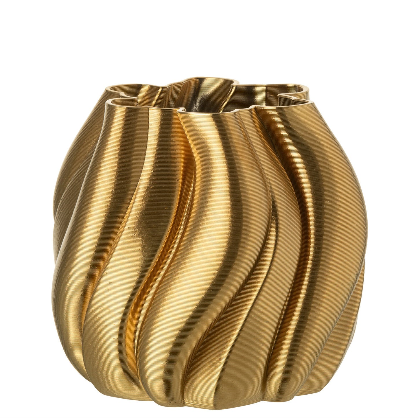 Vaso moderno in porcellana color oro dalla forma asimmetrica e irregolare. La superficie è caratterizzata da una texture a rilievo con sottili linee orizzontali e ampie scanalature verticali ondulate.