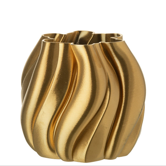 Vaso moderno in porcellana color oro dalla forma asimmetrica e irregolare. La superficie è caratterizzata da una texture a rilievo con sottili linee orizzontali e ampie scanalature verticali ondulate.