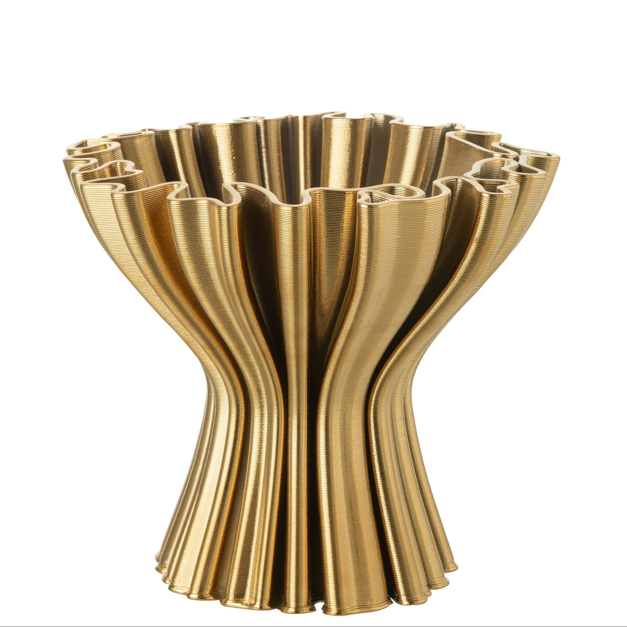 Vaso moderno in porcellana oro dalla forma svasata a imbuto. Il design è caratterizzato da pieghe verticali profonde e una texture rigata, con un'ampia apertura superiore dal profilo frastagliato.