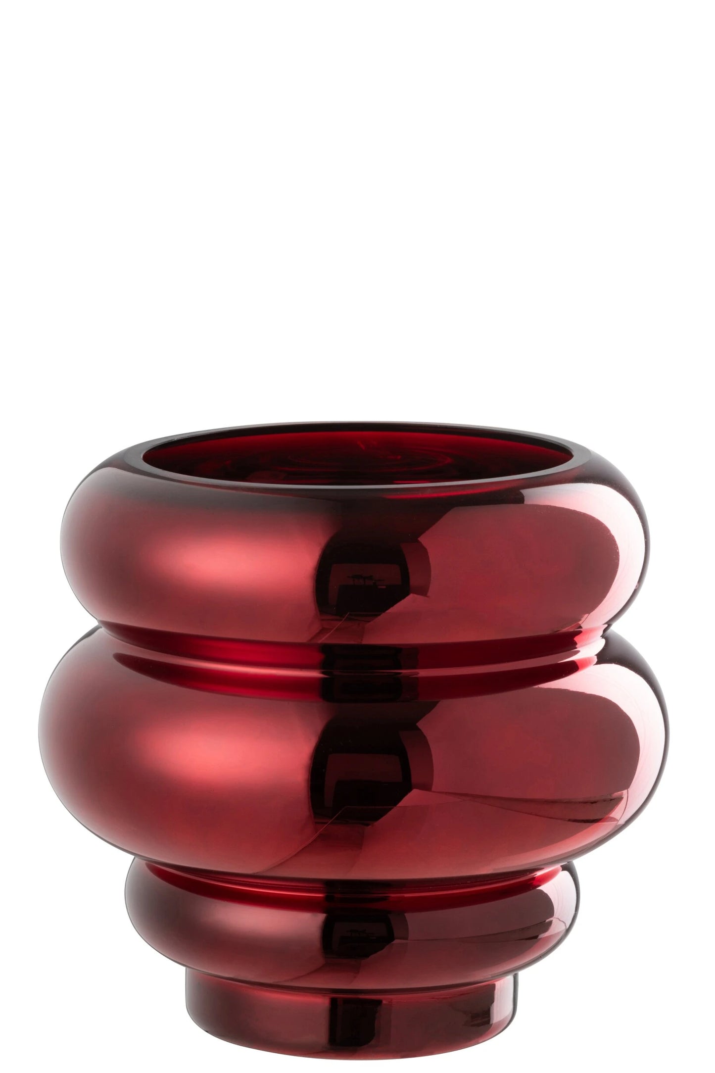 Portacandela e vaso decorativo in vetro lucido color rosso scuro modello Clea firmato Jolipa, caratterizzato da un design moderno e basso con tre sezioni sferiche sovrapposte a diametro decrescente verso la base. Questo versatile complemento d'arredo con finitura metallizzata a specchio è ideale sia come portacandele d'atmosfera sia come piccolo vaso o centrotavola di design per ambienti eleganti e contemporanei.