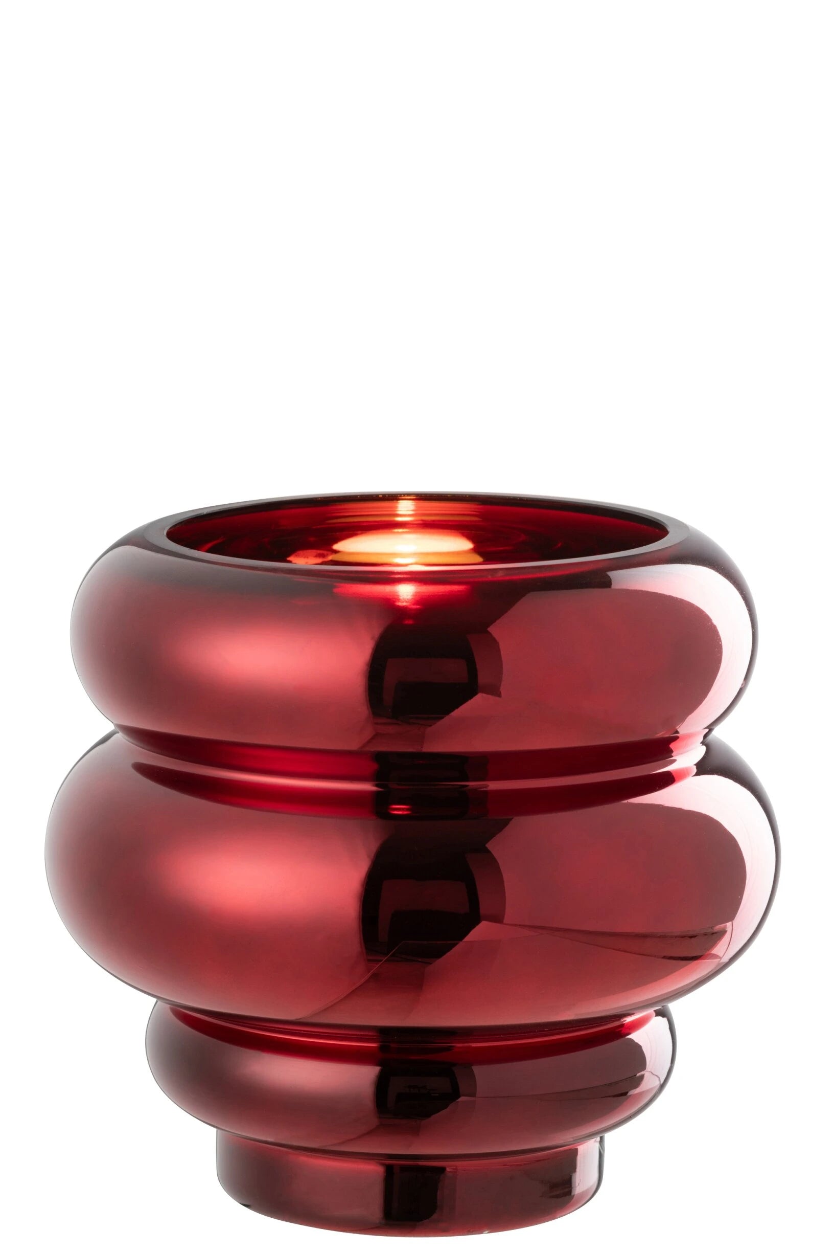 Portacandela e vaso decorativo in vetro lucido color rosso scuro modello Clea firmato Jolipa, caratterizzato da un design moderno e basso con tre sezioni sferiche sovrapposte a diametro decrescente verso la base. Questo versatile complemento d'arredo con finitura metallizzata a specchio è ideale sia come portacandele d'atmosfera sia come piccolo vaso o centrotavola di design per ambienti eleganti e contemporanei.
