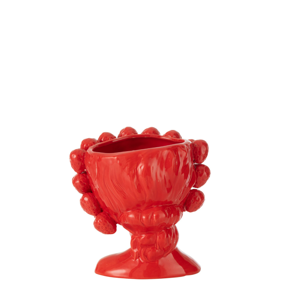 Portavaso in ceramica rossa lucida a forma di testa di ragazza, i cui capelli sono rivestiti da fragole in rilievo disposte su più file. Complemento d'arredo dal design fantasioso firmato Jolipa, ideale come vaso decorativo o idea regalo originale per la casa.