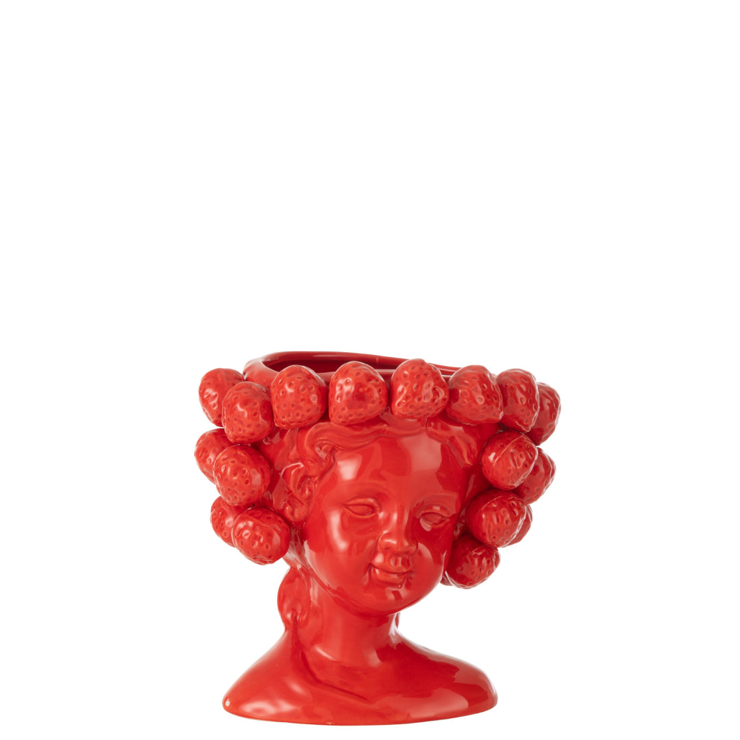 Portavaso in ceramica rossa lucida a forma di testa di ragazza, i cui capelli sono rivestiti da fragole in rilievo disposte su più file. Complemento d'arredo dal design fantasioso firmato Jolipa, ideale come vaso decorativo o idea regalo originale per la casa.