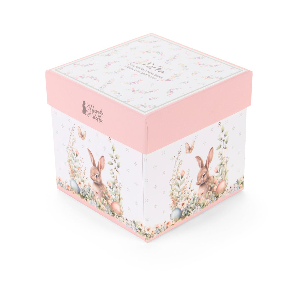 Zuccheriera Nuvole di Stoffa linea PePen in porcellana. Decorazione pasquale con ghirlanda di coniglietti, uova colorate e fiori di campo. Confezione regalo inclusa, stile shabby chic.