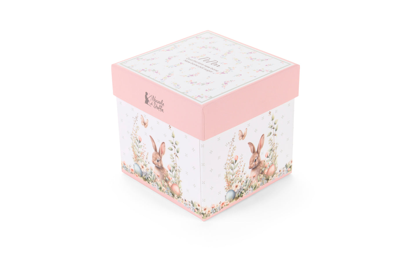 Zuccheriera Nuvole di Stoffa linea PePen in porcellana. Decorazione pasquale con ghirlanda di coniglietti, uova colorate e fiori di campo. Confezione regalo inclusa, stile shabby chic.