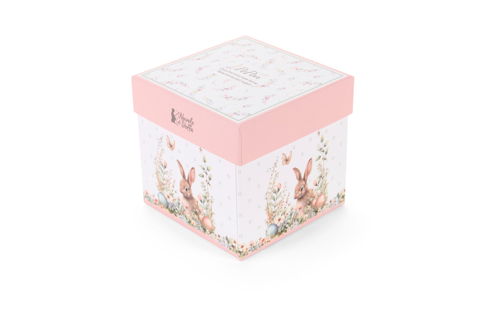 Zuccheriera Nuvole di Stoffa linea PePen in porcellana. Decorazione pasquale con ghirlanda di coniglietti, uova colorate e fiori di campo. Confezione regalo inclusa, stile shabby chic.