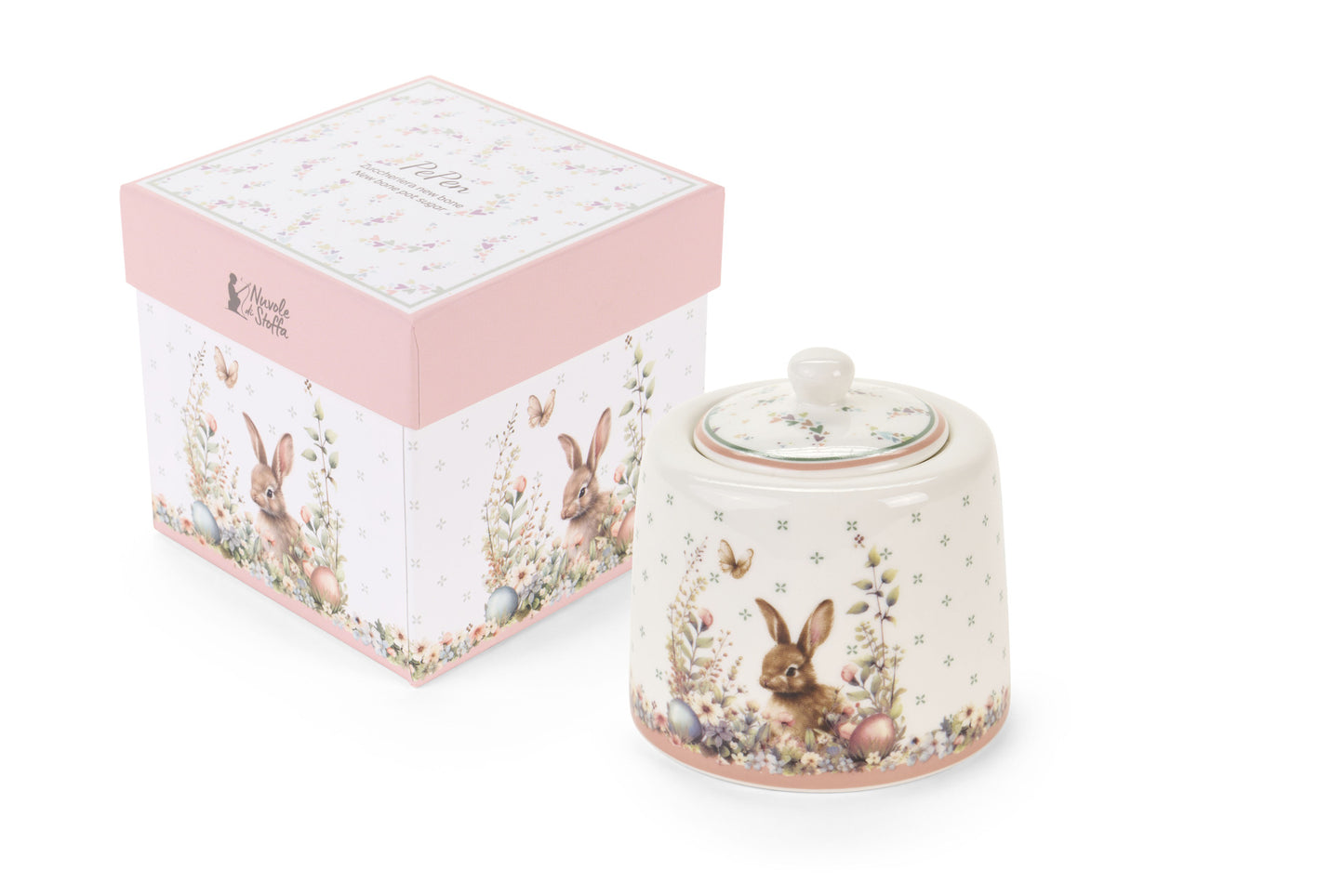 Zuccheriera Nuvole di Stoffa linea PePen in porcellana. Decorazione pasquale con ghirlanda di coniglietti, uova colorate e fiori di campo. Confezione regalo inclusa, stile shabby chic.